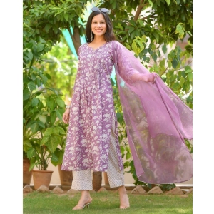 Generic Women's Casual 3/4th Sleeve Printed Cotton Kurti Set (Purple)