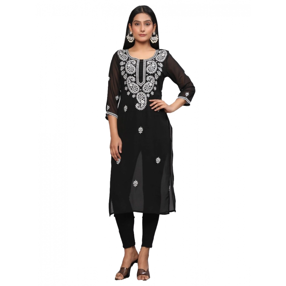 Generic Women's Casual 3/4th Sleeve Embroidered Georgette Kurti (Black)