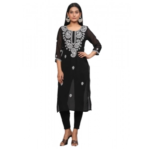 Generic Women's Casual 3/4th Sleeve Embroidered Georgette Kurti (Black)