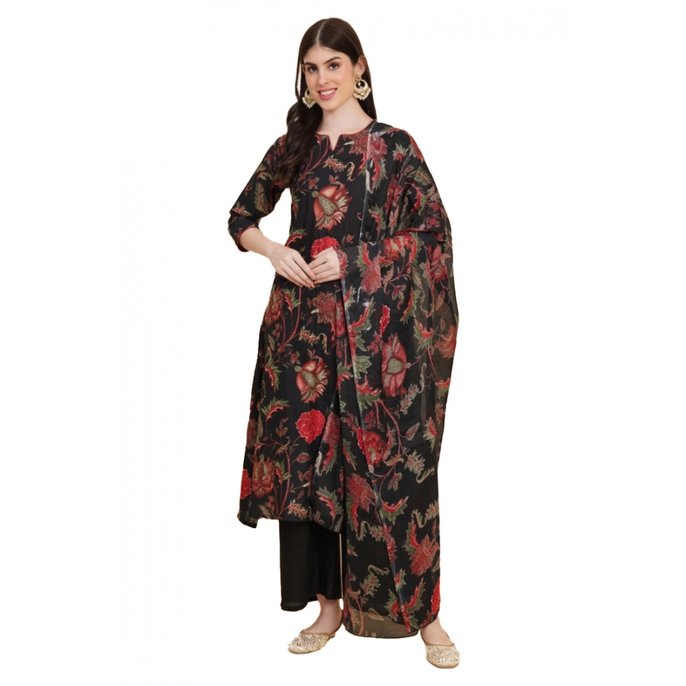 Generic Women's Casual 3/4th Sleeve Floral Print Cotton Kurti Set (Blue)