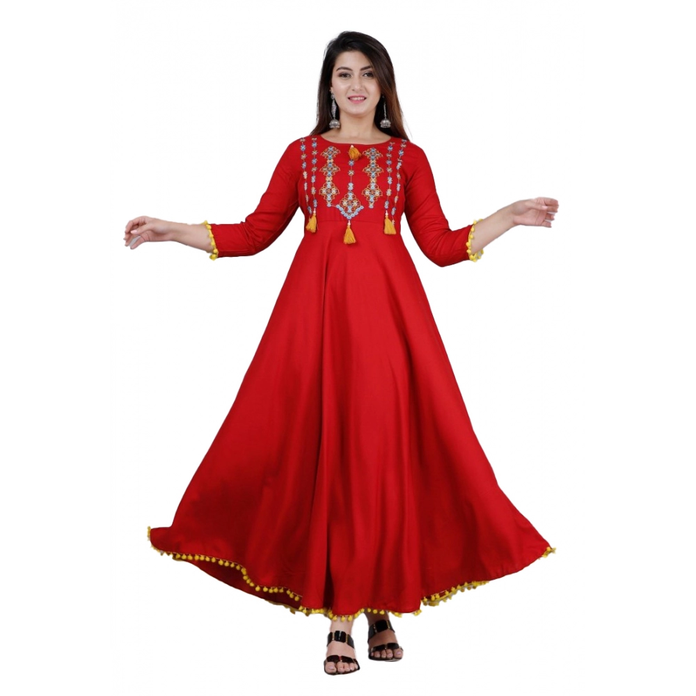 Generic Women's Casual 3/4th Sleeve Embroidered Viscose Rayon Kurti (Maroon)