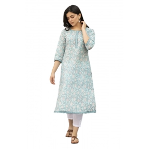 Generic Women's Casual 3/4th Sleeve Floral Print Cotton Blend Kurti (Sky Blue)