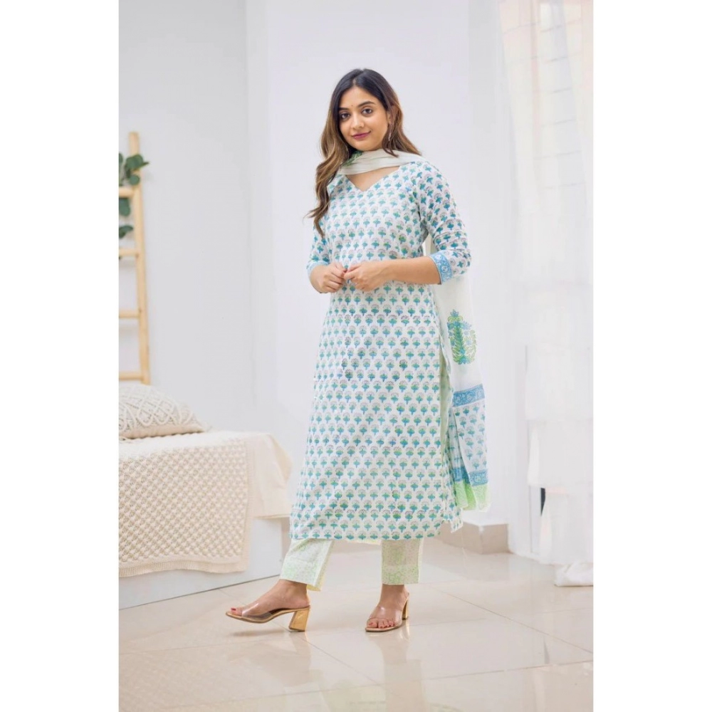 Generic Women's Casual 3/4th Sleeve Printed Cotton Kurti Set (Sky Blue)