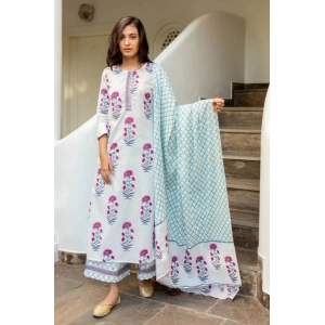 Generic Women's Casual 3/4th Sleeve Floral Print Cotton Kurti Set (White & Purple)