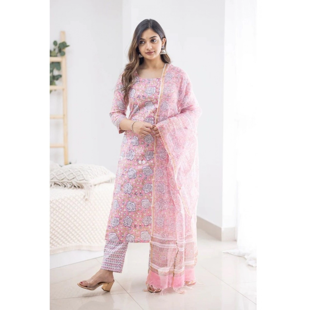 Generic Women's Casual 3/4th Sleeve Printed Cotton Kurti Set (Pink)
