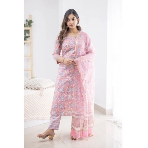 Generic Women's Casual 3/4th Sleeve Printed Cotton Kurti Set (Pink)