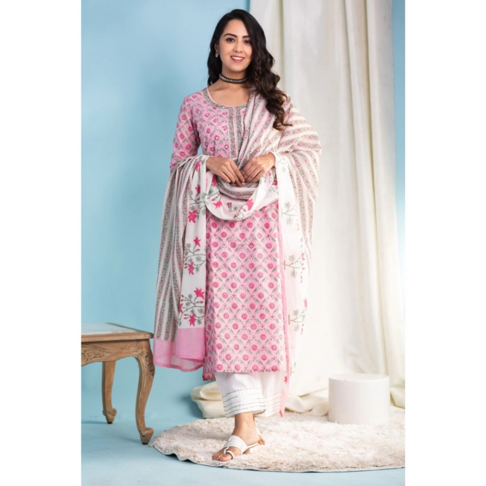 Generic Women's Casual 3/4th Sleeve Printed Cotton Kurti Set (Pink)