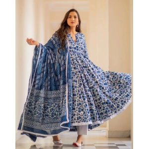 Generic Women's Casual 3/4th Sleeve Printed Cotton Kurti Set (Blue)