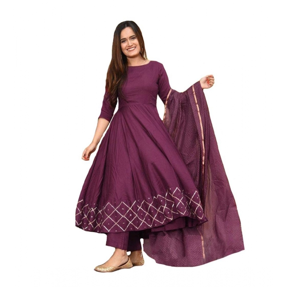 Generic Women's Casual 3/4th Sleeve Solid Cotton Kurti Set (Wine)