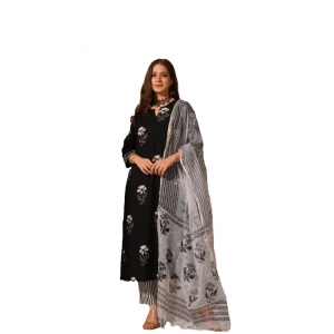 Generic Women's Casual 3/4th Sleeve Floral Print Cotton Kurti Set (Black)