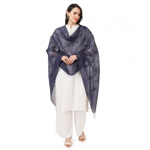 Generic Women's Cotton Embroidered Dupatta (Dark Blue, Length: 2.25 to 2.50 Mtr)