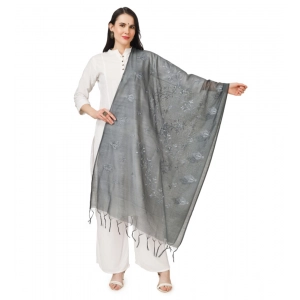 Generic Women's Cotton Embroidered Dupatta (Grey, Length: 2.25 to 2.50 Mtr)