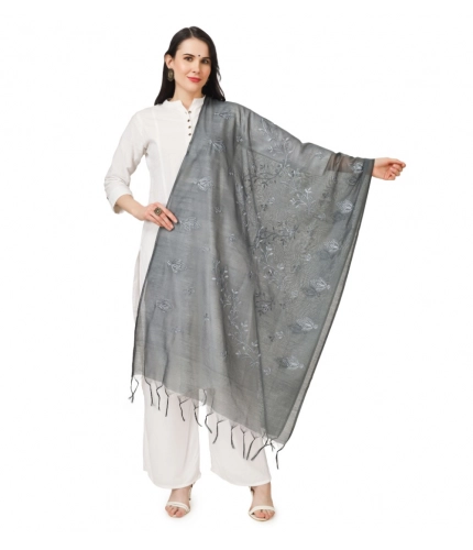 Women's Cotton Embroidered Dupatta (Grey, Length: 2.25 to 2.50 Mtr)