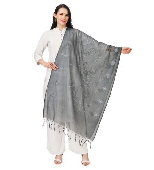 Women's Cotton Embroidered Dupatta (Grey, Length: 2.25 to 2.50 Mtr)