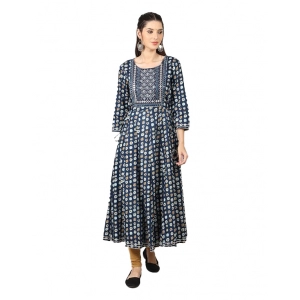 Generic Women's Casual 3/4 Sleeve Cotton Blend Printed Kurti (Dark Blue)