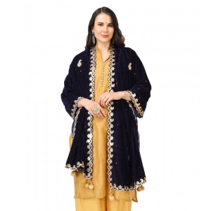 Generic Women's Velvet Gotta Patti Dupatta (Blue, Length: 2.25 to 2.50 Mtr)