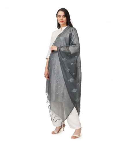 Women's Cotton Embroidered Dupatta (Grey, Length: 2.25 to 2.50 Mtr)
