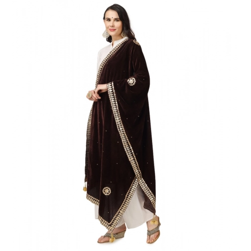 Generic Women's Velvet Gotta Patti Dupatta (Brown, Length: 2.25 to 2.50 Mtr)