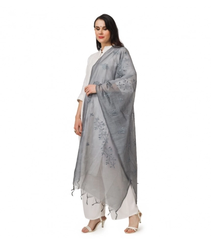Women's Cotton Embroidered Dupatta (Grey, Length: 2.25 to 2.50 Mtr)