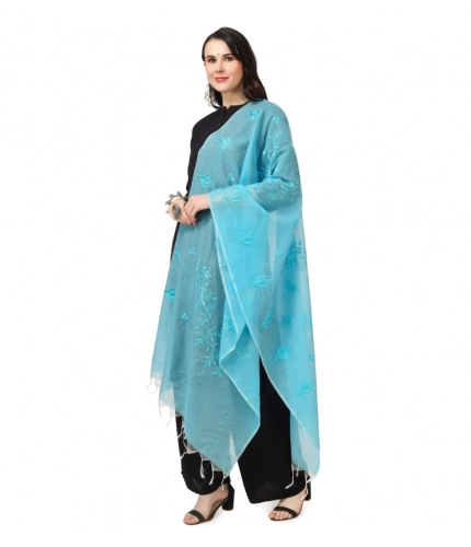 Women's Cotton Embroidered Dupatta (Aqua Blue, Length: 2.25 to 2.50 Mtr)
