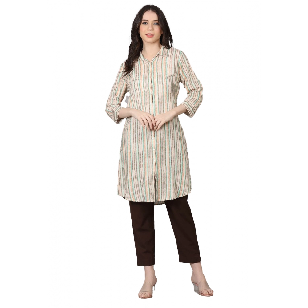 Generic Women's Casual 3/4 Sleeve Viscose Rayon Printed Kurti (Beige)