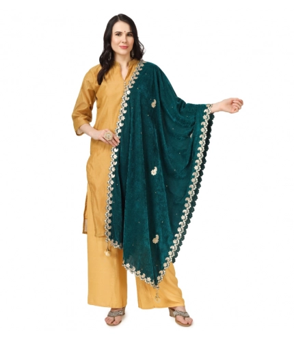 Women's Velvet Gotta Patti Dupatta (Dark Green, Length: 2.25 to 2.50 Mtr)