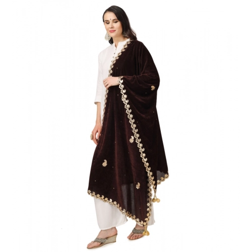 Generic Women's Velvet Gotta Patti Dupatta (Brown, Length: 2.25 to 2.50 Mtr)