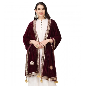 Generic Women's Velvet Gotta Patti Dupatta (Purple, Length: 2.25 to 2.50 Mtr)