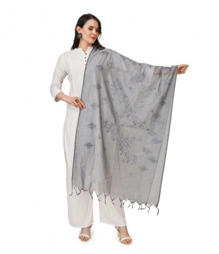 Women's Cotton Embroidered Dupatta (Grey, Length: 2.25 to 2.50 Mtr)