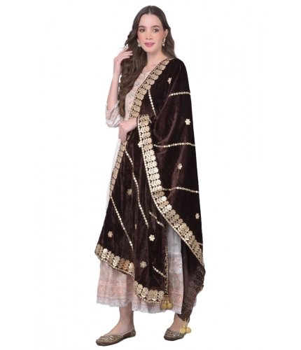 Women's Velvet Gotta Patti Dupatta (Brown, Length: 2.25 to 2.50 Mtr)