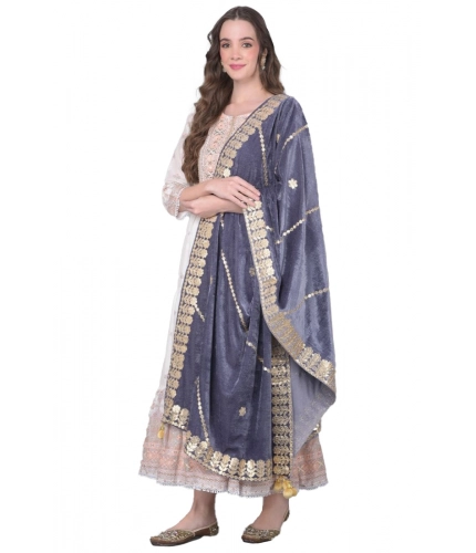 Women's Velvet Gotta Patti Dupatta (Grey, Length: 2.25 to 2.50 Mtr)
