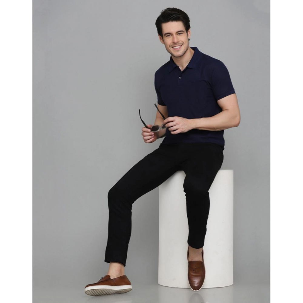 Men's Casual Half Sleeve Solid Cotton Blended Polo Neck T-shirt (Navy Blue) Men's Casual Half Sleeve Solid Cotton Blended Polo Neck T-shirt (Navy Blue)