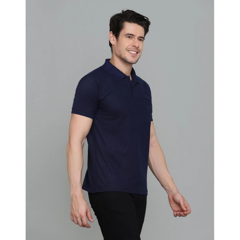 Men's Casual Half Sleeve Solid Cotton Blended Polo Neck T-shirt (Navy Blue) Men's Casual Half Sleeve Solid Cotton Blended Polo Neck T-shirt (Navy Blue)
