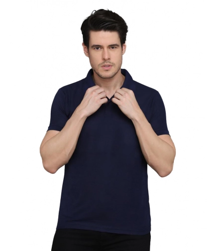 Men's Casual Half Sleeve Solid Cotton Blended Polo Neck T-shirt (Navy Blue)