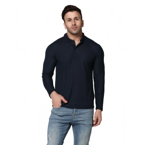 Generic Men's Casual Full Sleeve Solid Cotton Blended Polo Neck T-shirt (Navy)