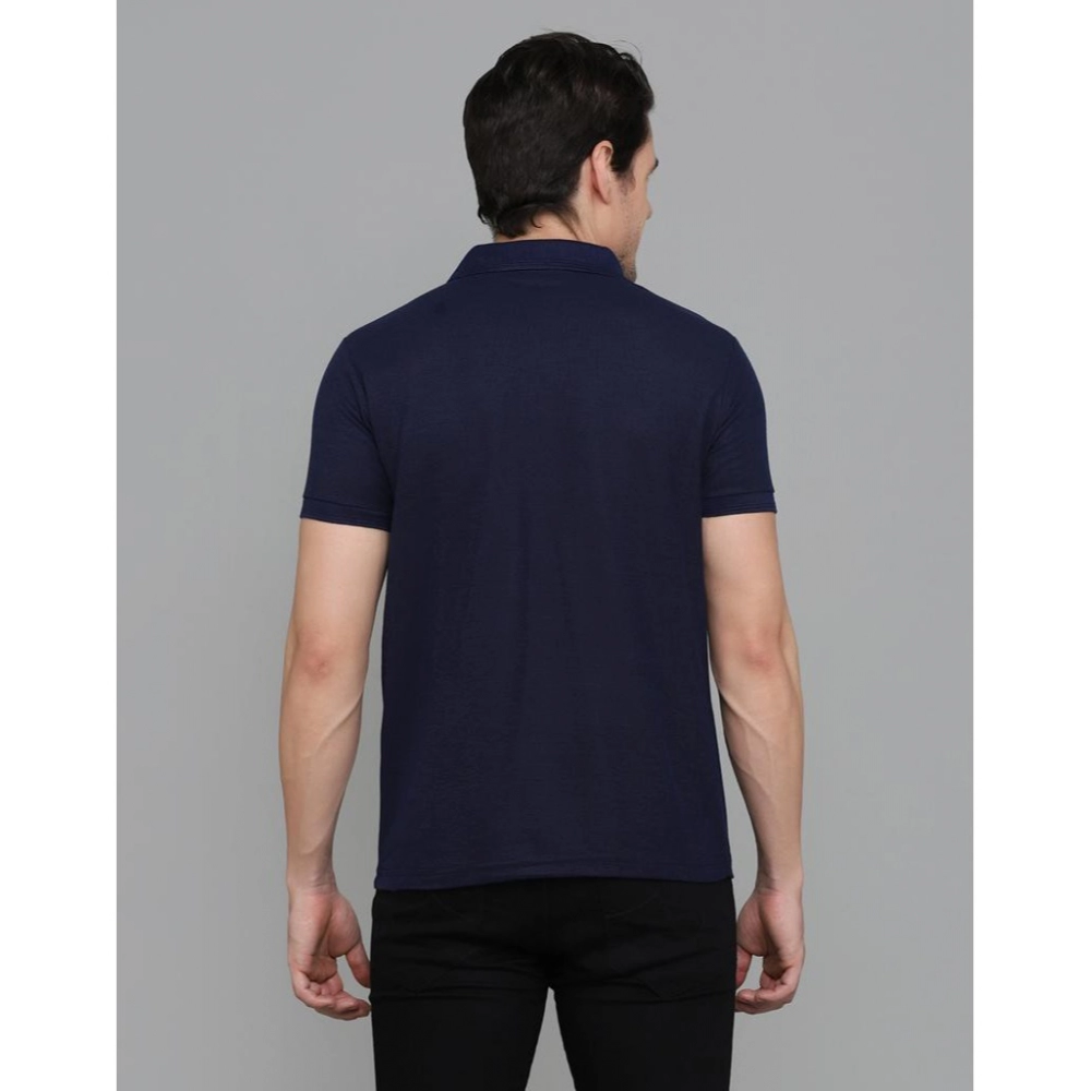 Men's Casual Half Sleeve Solid Cotton Blended Polo Neck T-shirt (Navy Blue) Men's Casual Half Sleeve Solid Cotton Blended Polo Neck T-shirt (Navy Blue)