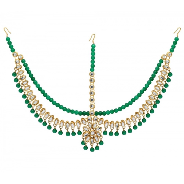 Dropship Women's Green Color Imitation Pearl &amp; Kundan Work Matha Patti