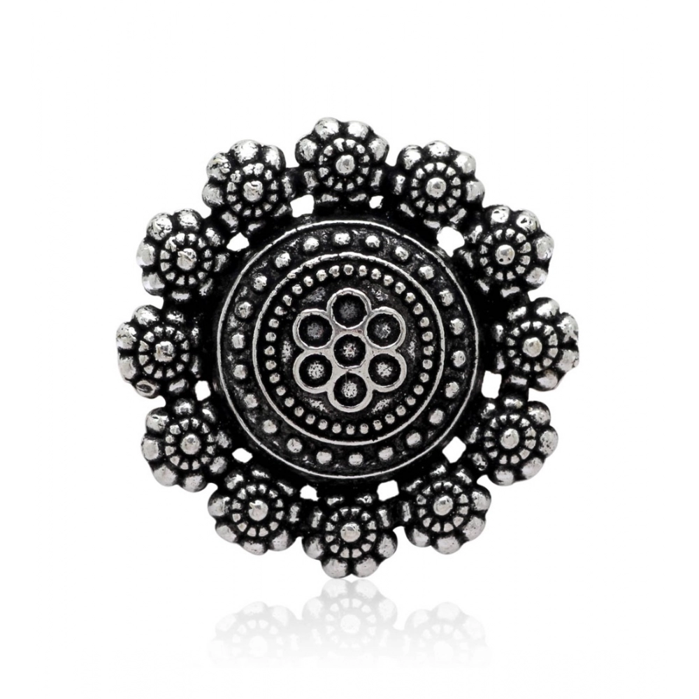 Generic Women's Floral Design Silver Color Oxidised Adjustable Ring 