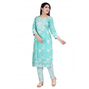 Generic Women's Casual 3/4 Sleeve Embroidered Rayon Kurti With Pant And Dupatta Set (Sea Green)