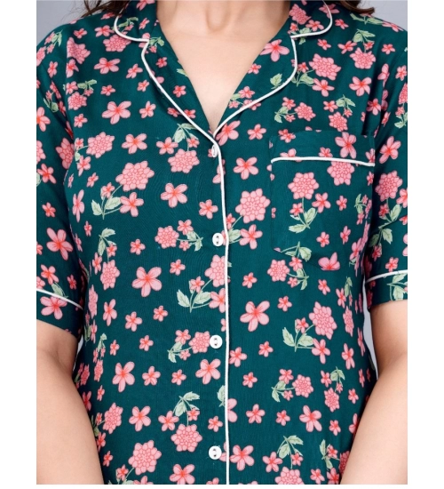 Women's Casual Half Sleeve Printed Viscose Rayon Shirt With Pyjama Pant Night Suit Set (Teal)