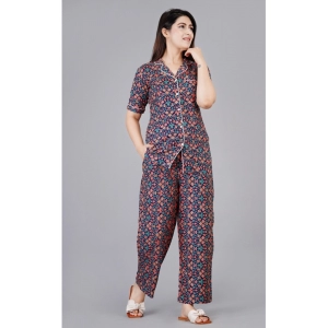 Generic Women's Casual Half Sleeve Printed Viscose Rayon Shirt With Pyjama Pant Night Suit Set (Blue)