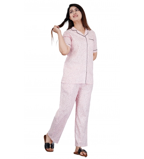 Women's Casual Half Sleeve Printed Viscose Rayon Shirt With Pyjama Pant Night Suit Set (Pink)