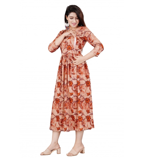 Women's Casual 3/4 Sleeve Printed Viscose Maternity Feeding Kurti (Brown)