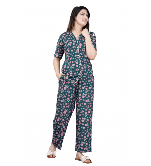 Women's Casual Half Sleeve Printed Viscose Rayon Shirt With Pyjama Pant Night Suit Set (Teal)