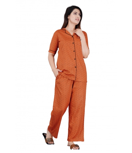 Women's Casual Half Sleeve Printed Viscose Rayon Shirt With Pyjama Pant Night Suit Set (Brown)