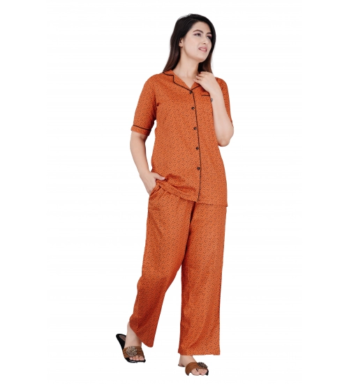 Women's Casual Half Sleeve Printed Viscose Rayon Shirt With Pyjama Pant Night Suit Set (Brown)
