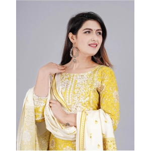 Generic Women's Casual 3/4 Sleeve Embroidered Rayon Kurti With Pant And Dupatta Set (Yellow)