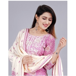 Generic Women's Casual 3/4 Sleeve Embroidered Rayon Kurti With Pant And Dupatta Set (Purple)