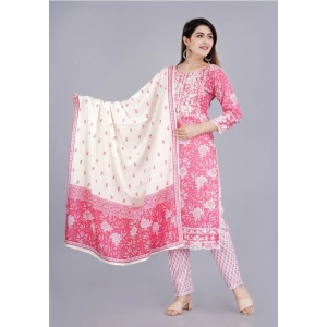 Generic Women's Casual 3/4 Sleeve Embroidered Rayon Kurti With Pant And Dupatta Set (Pink)