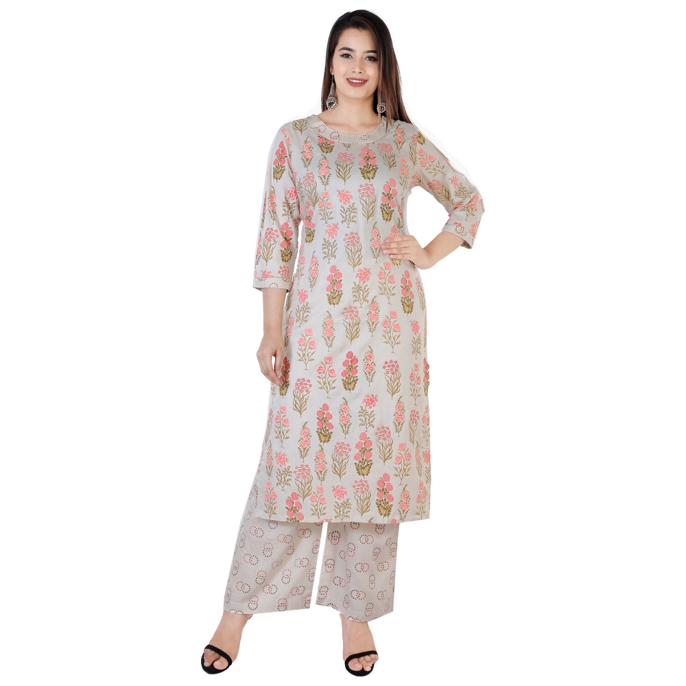 Generic Women's Casual 3/4 Sleeve Printed Rayon Kurti With Palazzo Set (Beige)